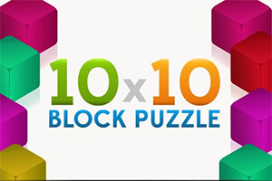 Barviti tridimenzionalni kockasti bloki ob robovih in napis »10 x 10 BLOCK PUZZLE« na belem ozadju