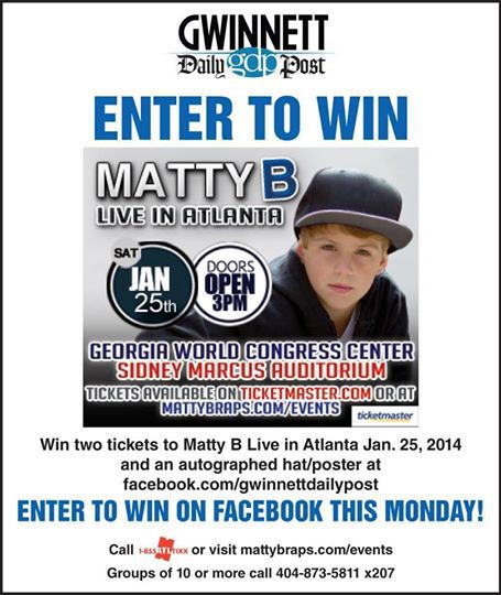ATL BBoys & BGirls! The Gwinnett Daily Post Facebook page is giving away TWO MattyB prize packs — a pair of tickets to the Atlanta concert on Jan. 25, an autographed poster and an autographed hat. Check out their wall for all the details!
