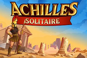 Ahil v zlatem oklepu s sulico stoji pred antičnim templjem in puščavsko pokrajino z velikim naslovom Achilles Solitaire