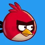 Rdeči lik iz videoigre Angry Birds na modri podlagi