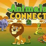 Barvita naslovnica igre z risanimi živalmi, vključno z levom, tigrom, zebro, slonom in kačo, z napisom Animals Connect