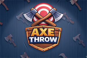 Logotip z napisom »AXE THROW«, prekrižanima sekirama in tarčo na modrem lesenem ozadju