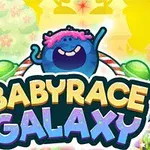 Pisana naslovnica igre z naslovom BabyRace Galaxy z veselo modro pošastjo in pisanimi zvezdami v ozadju