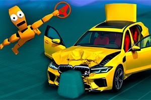 Rumeni poškodovani športni avtomobil z odprtimi vrati in robotom z orodjem ob strani