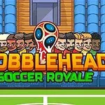 Promocijska grafika za igro Bobblehead Soccer Royale z risanimi nogometaši in velikimi glavami pred stadionom