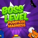 Barvita naslovnica video igre z napisom BOSS LEVEL Pumpkin Madness, prikazuje animirane like z bučnimi glavami in futurističen portal