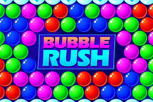 Pisani mehurčki v rdeči, zeleni, modri in vijolični barvi obdajajo napis Bubble Rush na temno modrem ozadju