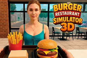 Mlada ženska v restavraciji z burgerjem, pomfritom in napisom Burger Restaurant Simulator 3D