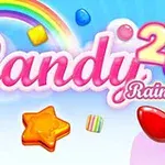 Barvita naslovnica igre Candy Rain z mavrico in sladkarijami