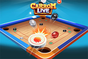 Igralna plošča s ploščki in oznako Carrom Live na modrem ozadju