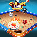 Igralna plošča s ploščki in oznako Carrom Live na modrem ozadju