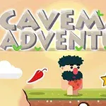 Animirana slika s prazgodovinsko tematiko, ki prikazuje jamarja na travi, besedo Caveman Adventure in ikone, kot so pekoča paprika,