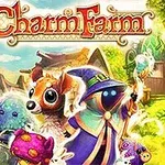 Barvita ilustracija igre Charm Farm z ljubkimi fantastičnimi bitji in čarobnim gozdnim okoljem