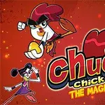 Animirani liki iz risane serije Chuck Chicken The Magic Egg na rdečem ozadju