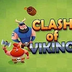 Barvita grafika igre Clash of Vikings z vikingi in orožjem na zelenem ozadju