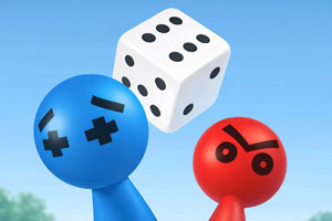 Moderra in rdeča figurica z obrazoma, ki pogledata navzgor proti lebdeči beli igralni kocki na modrem nebu