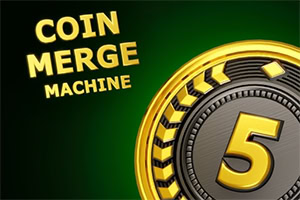 Zlat kovanec s številko 5 na temno zelenem ozadju z napisom »COIN MERGE MACHINE«