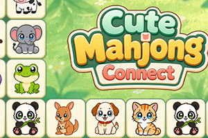 Barvit logotip z napisom Cute Mahjong Connect, obdan s ploščicami z ljubkimi živalmi na zelenem ozadju