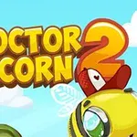 Logotip igre Doctor Acorn 2 z letečim želodom in rumenim robotom v risankastem slogu na nebu s puhastimi oblaki