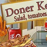 Ilustracija stojnice za döner kebab z značilnimi sestavinami in pijačami