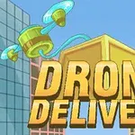 Ilustracija dostave z dronom med visokimi stavbami z napisom Drone Delivery