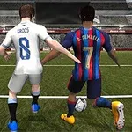 Dva nogometaša v virtualni nogometni igri na stadionu, eden v dresu Real Madrida in drugi v dresu Barcelone