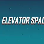 Logotip Elevator Space z rdečim svetilnikom na temno modrem vesoljskem ozadju