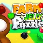 Risanka piščanec z bombami in sadjem ter napis Farm Jelly Puzzle na barviti igričarski grafiki