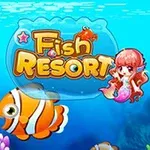 Barvita naslovnica igre Fish Resort z risano morsko deklico in tropskimi ribami