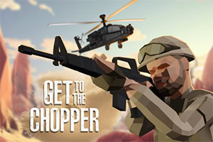 Nizkopolična ilustracija vojaka s puško v puščavski pokrajini, z vojaškim helikopterjem v ozadju in napisom Get to the Chopper