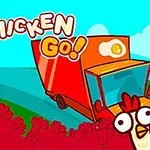 Barvita risanka s piščanci in rdečo prikolico s napisom Go Chicken Go!