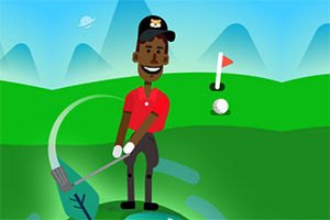 Risana ilustracija temnopoltega moškega, ki igra golf na zelenem igrišču z gorami v ozadju
