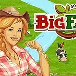 Naslovna slika igre Big Farm z nasmejano kmetico, kravami in logotipom igre