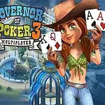 Promocijska grafika za igro Governor of Poker 3, prikazuje animirano žensko lik z klobukom, ki drži karte, in živahno ozadje z