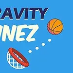 Logotip igre Gravity Linez z modrim ozadjem, letečo košarkarsko žogo in košem