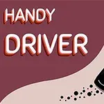 Ilustracija črnega avtomobila, ki drvi po cesti z napisom Handy Driver v retro slogu