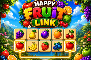 Barvita sadna sestavljanka z napisom Happy Fruit Link, ikonami jagod, grozdja, banan in češenj v cvetočem vrtu