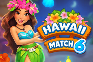 Nasmejana otočanka s cvetličnim vencem in zelenim krilom ob barvitem napisu HAWAII MATCH 6