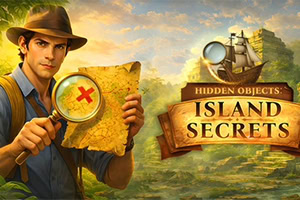Pustolovec s klobukom drži star zemljevid in povečevalno steklo ob napisu Island Secrets v tropski pokrajini