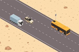 Ilustracija avtobusa, tovornjaka in avtomobila, ki se vozijo po puščavski cesti