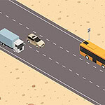Ilustracija avtobusa, tovornjaka in avtomobila, ki se vozijo po puščavski cesti