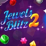 Barviti dragulji in logotip igre Jewels Blitz 2 na vijoličnem ozadju