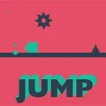 Minimalistična grafika platformerske video igre z besedo JUMP v modri barvi na roza ozadju