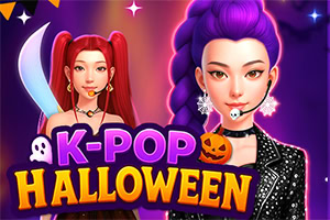 Dve stilizirani K-pop dekleti v halloween opravi na vijoličnem ozadju z napisom »K-POP HALLOWEEN«, bučo, duhcem in nožem