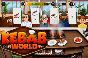 Trije kuharji v restavracijski kuhinji pripravljajo kebab in jedi na žaru ob velikem napisu »Kebab World«