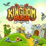 Naslovnica igre Kingdom Rush z risanimi liki, gradom in zmajem v ozadju