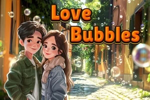 Mlad par objema na sončni ulici, obdani z milnimi mehurčki in napisom »Love Bubbles«