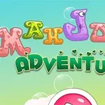 Pisane pisave naslova Mahjong Adventure v stilu risanke z mehurčki na svetlo zelenem ozadju