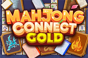 Barvit naslov »Mahjong Connect Gold« z mahjong ploščicami in kartami z motivi snežinke, zmaja in ognja