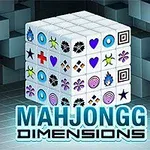 Kocka Mahjongg Dimensions z raznolikimi simboli na temnem geometrijskem ozadju